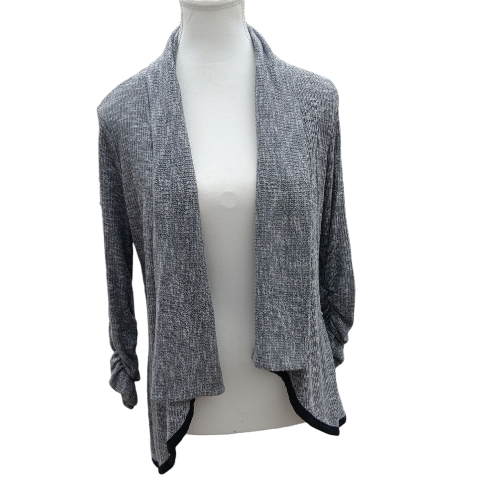 Anthropologie Mauve Gray Black Waterfall Ruched Sleeve Cardigan Size XL